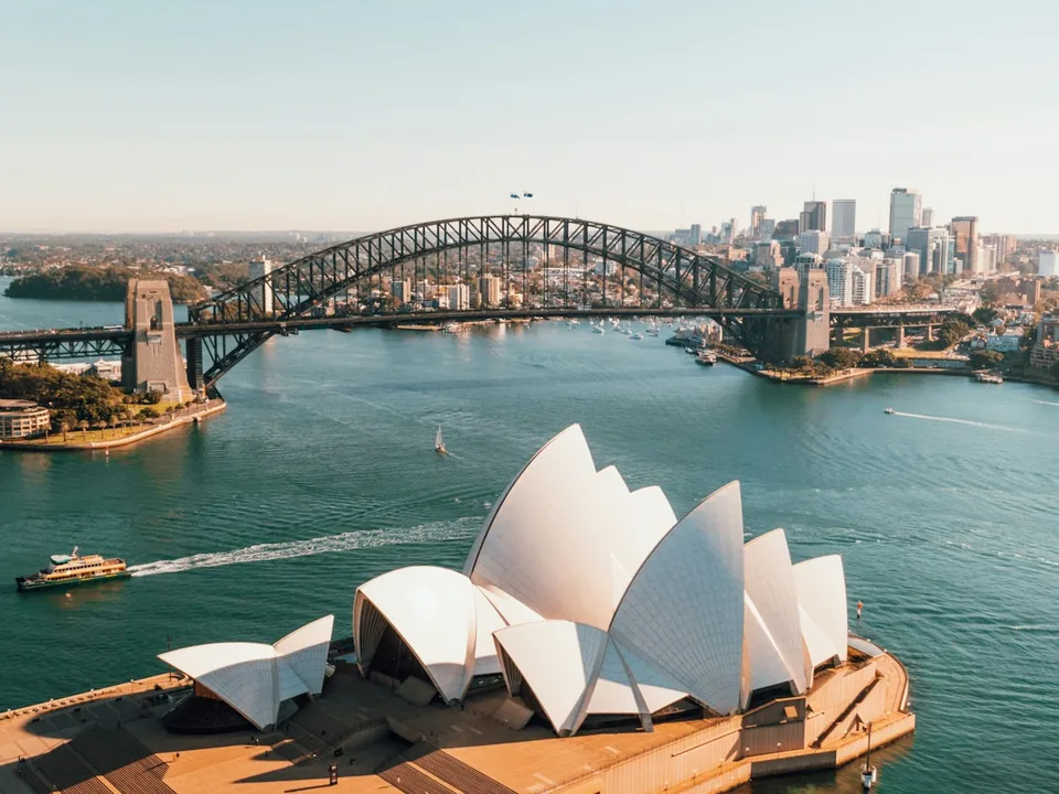 The Opera House and Harbour Bridge in Sydney from the air